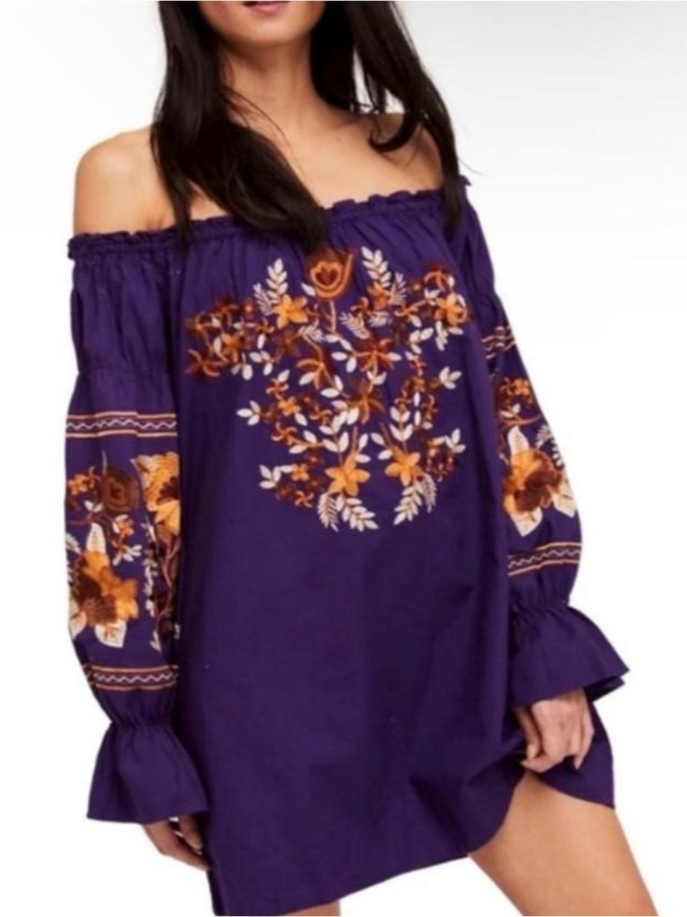 Free People Fleur Du Jour Purple Embroidered Off Shoulder Boho Mini Dress Size S
